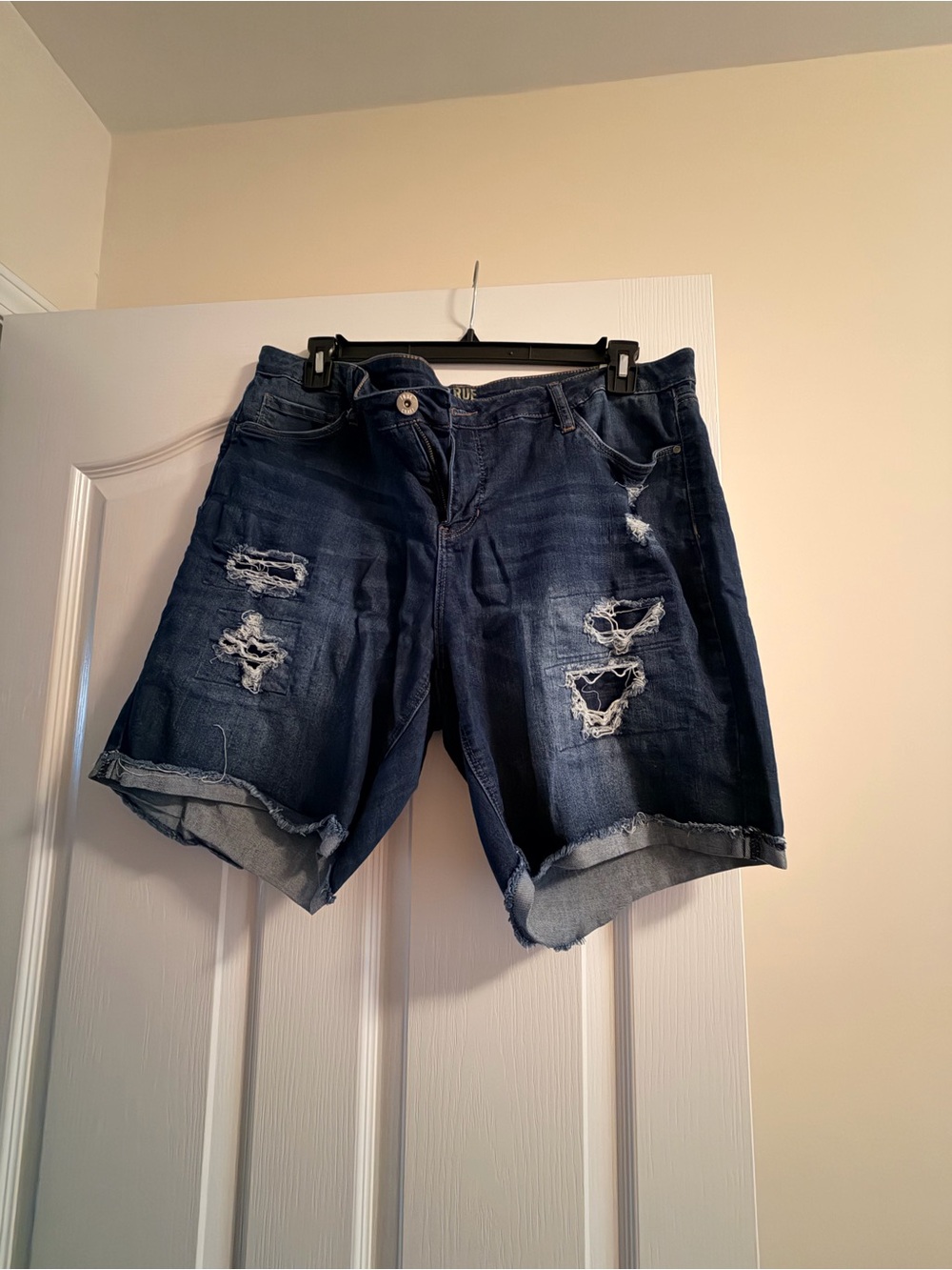 True Craft Dark Blue Distressed Denim Bermuda Shorts